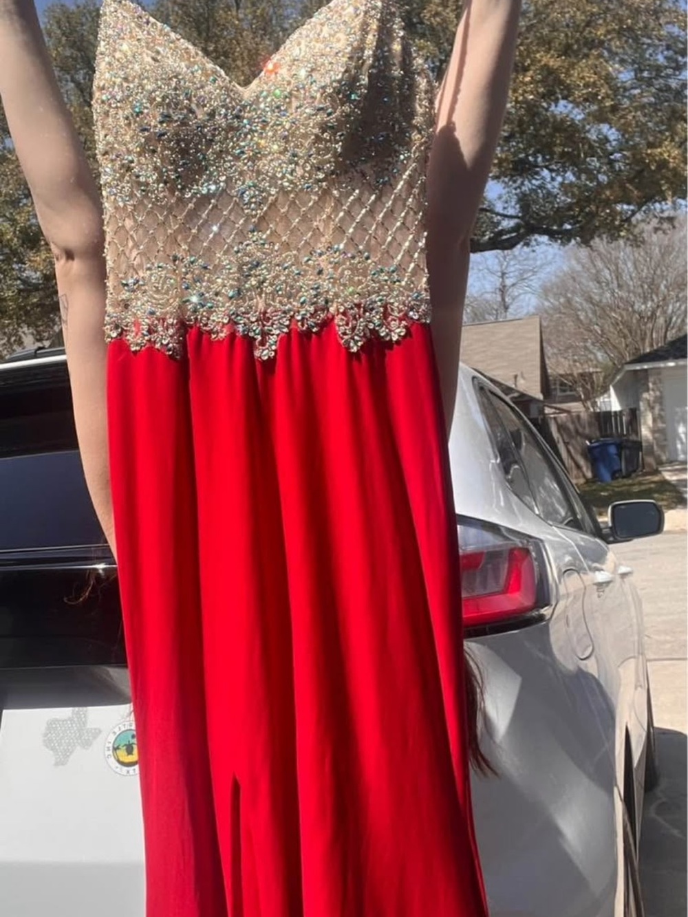 Gold Beaded Red Evening Dress